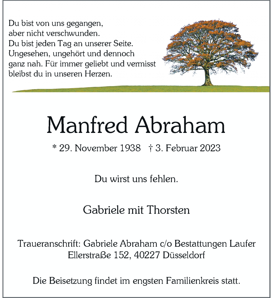  Traueranzeige für Manfred Abraham vom 11.02.2023 aus Rheinische Post