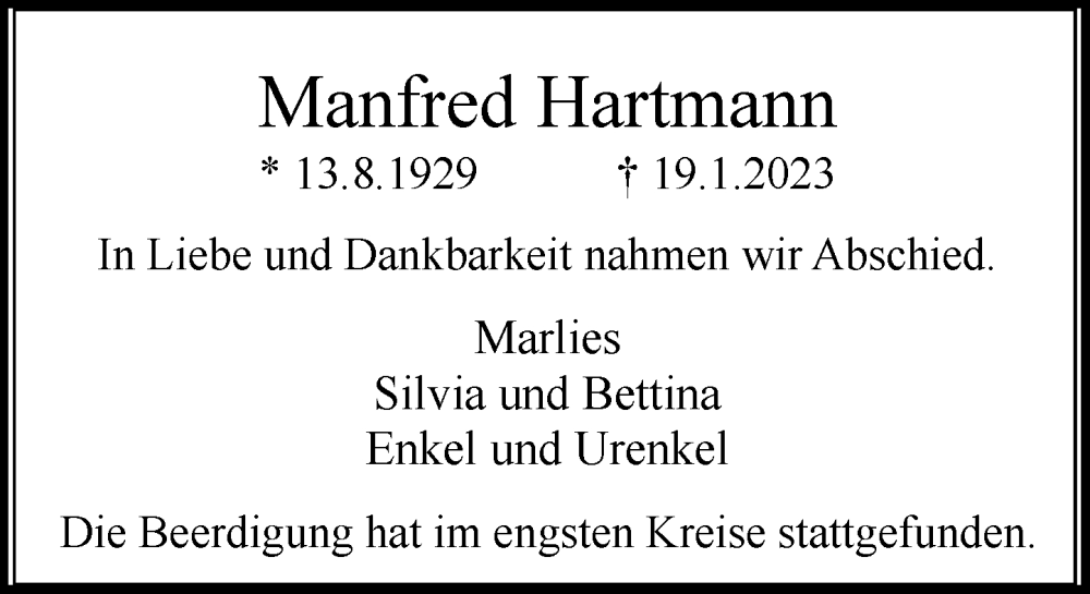  Traueranzeige für Manfred Hartmann vom 11.02.2023 aus Rheinische Post