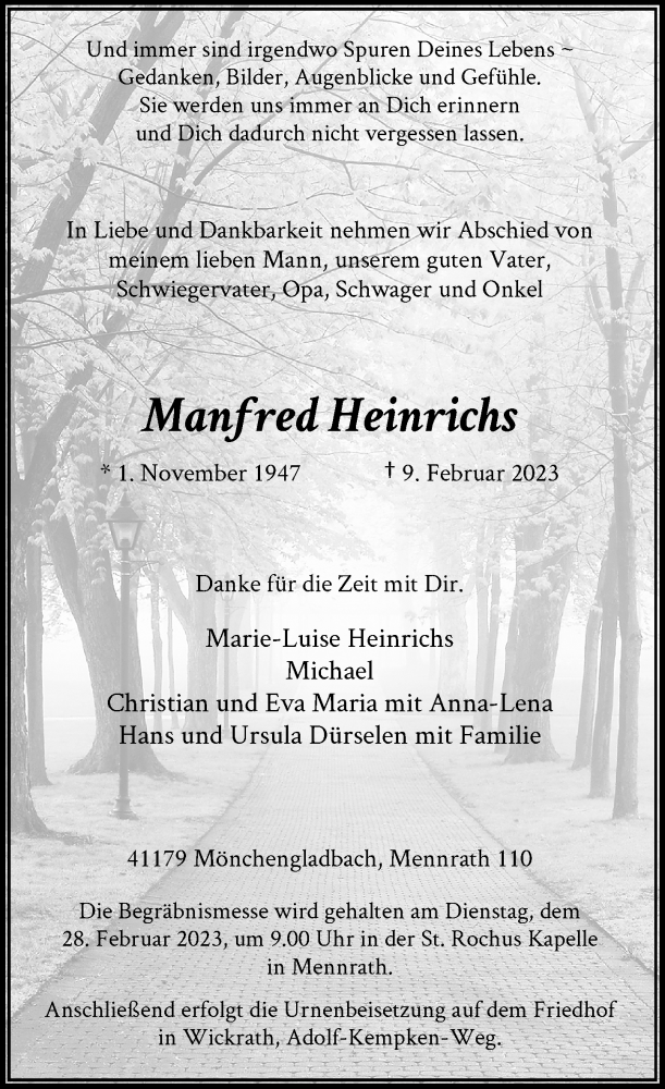  Traueranzeige für Manfred Heinrichs vom 18.02.2023 aus Rheinische Post