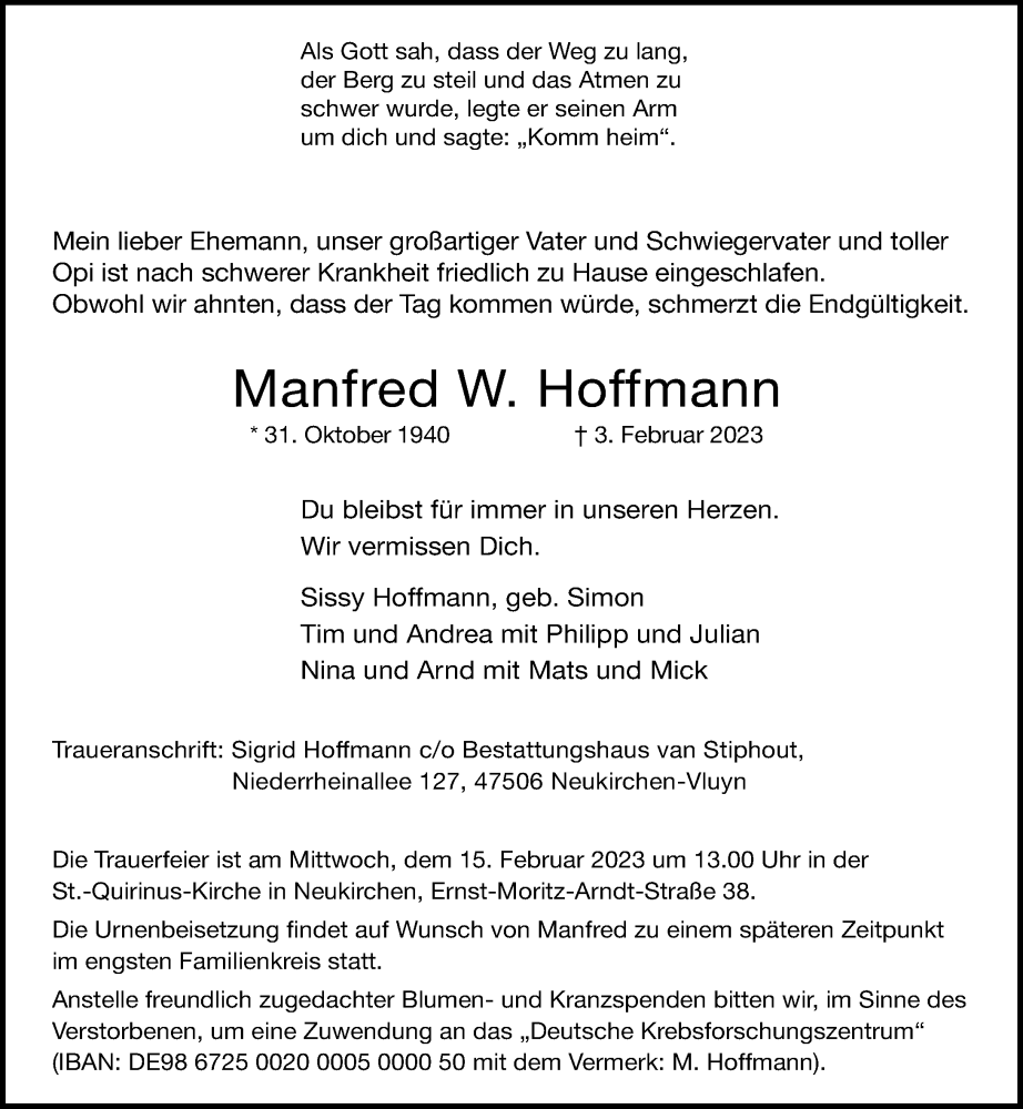  Traueranzeige für Manfred  Hoffmann vom 11.02.2023 aus Rheinische Post
