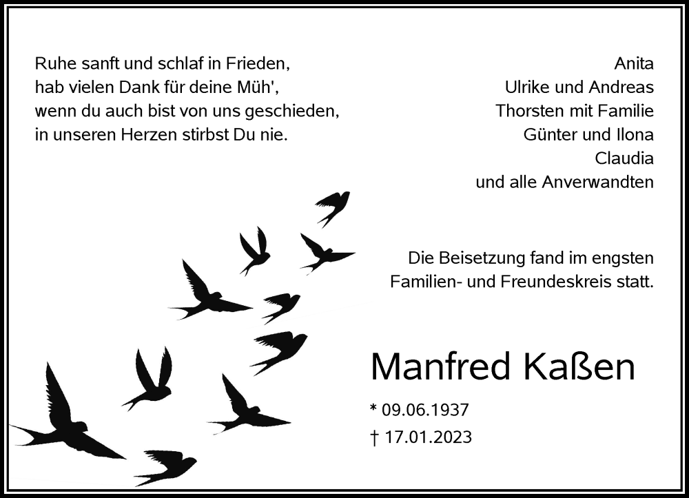  Traueranzeige für Manfred Kaßen vom 18.02.2023 aus Rheinische Post