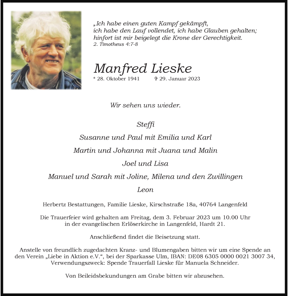  Traueranzeige für Manfred Lieske vom 02.02.2023 aus Rheinische Post