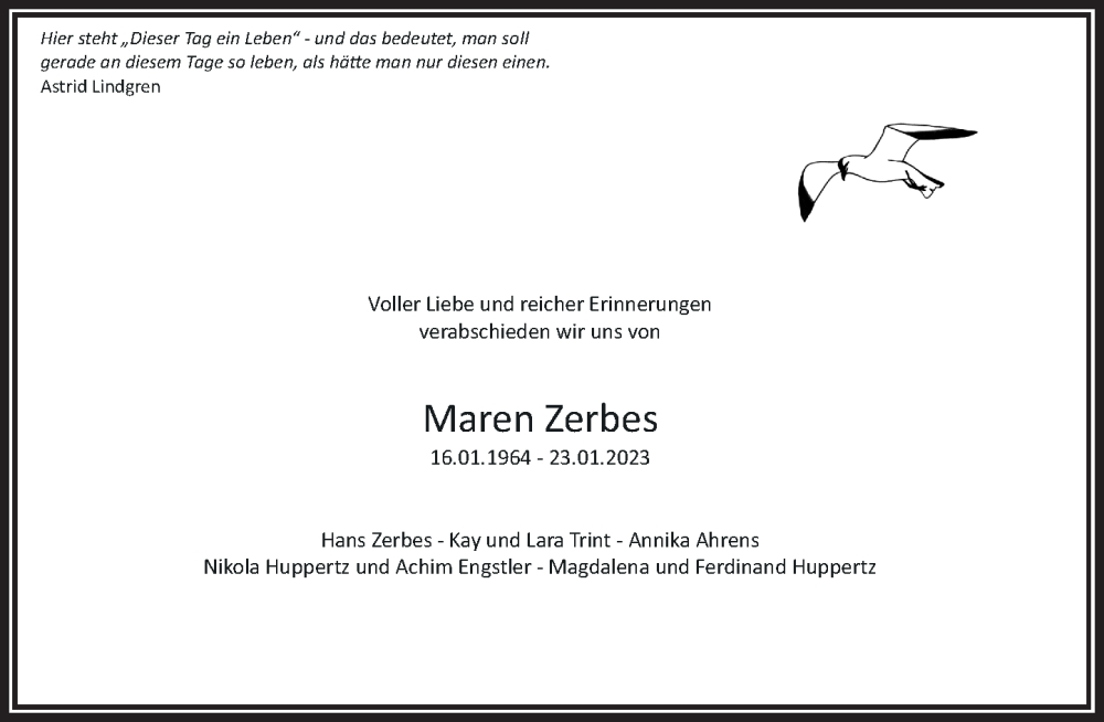  Traueranzeige für Maren Zerbes vom 02.02.2023 aus Rheinische Post