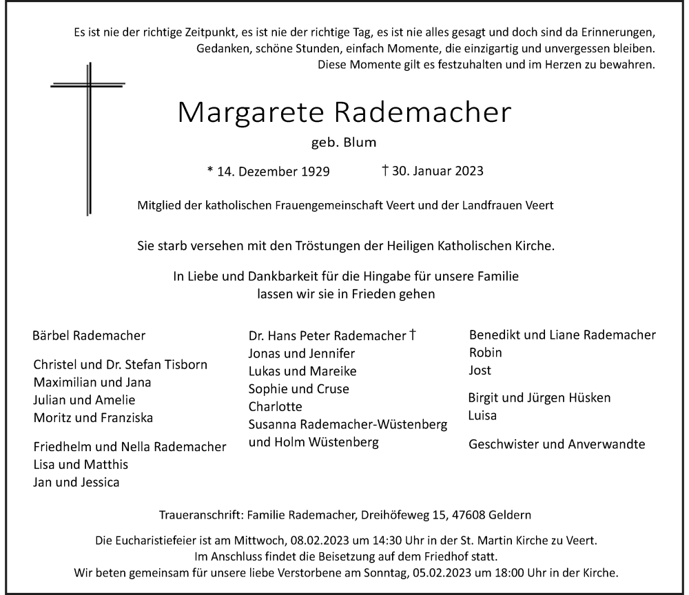  Traueranzeige für Margarete Rademacher vom 04.02.2023 aus Rheinische Post