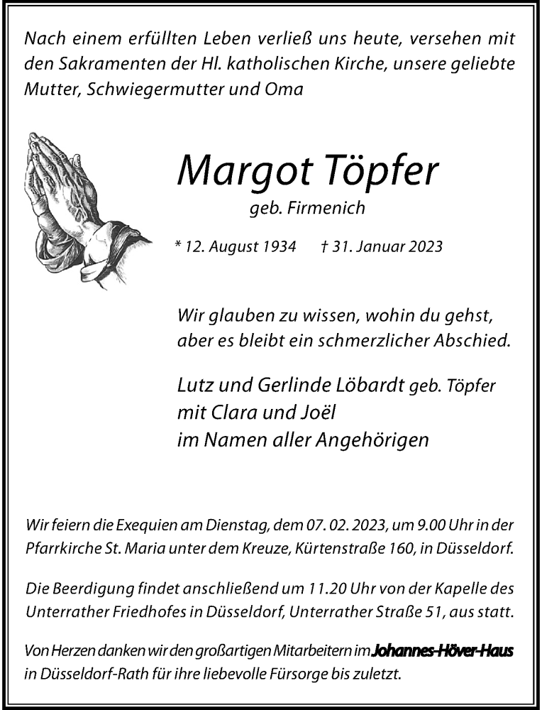  Traueranzeige für Margot Töpfer vom 04.02.2023 aus Rheinische Post