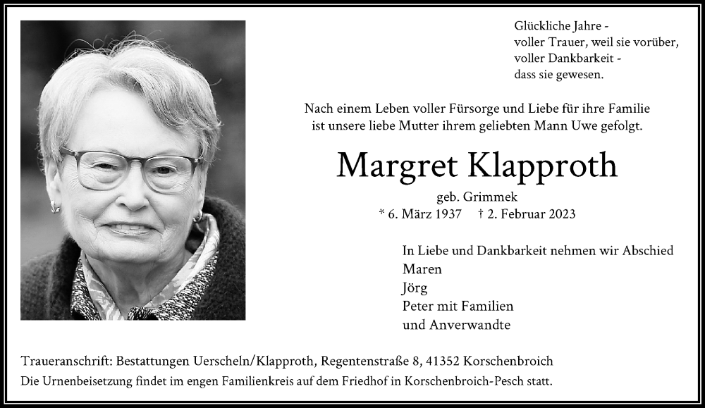  Traueranzeige für Margret Klapproth vom 18.02.2023 aus Rheinische Post