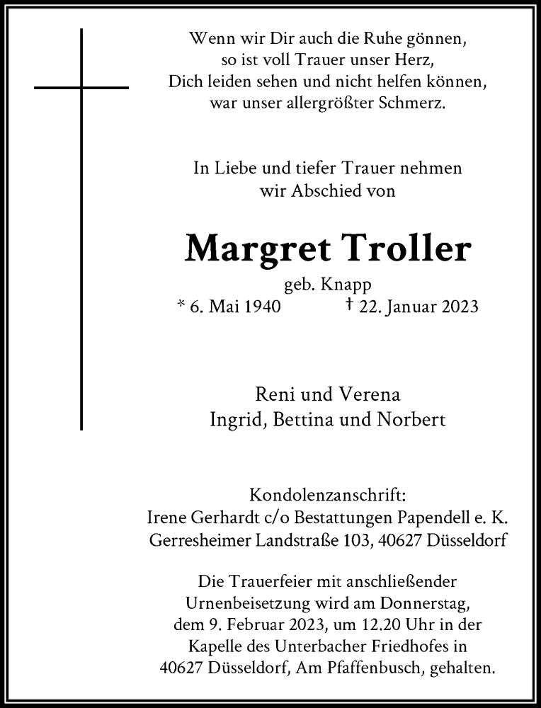  Traueranzeige für Margret Troller vom 04.02.2023 aus Rheinische Post