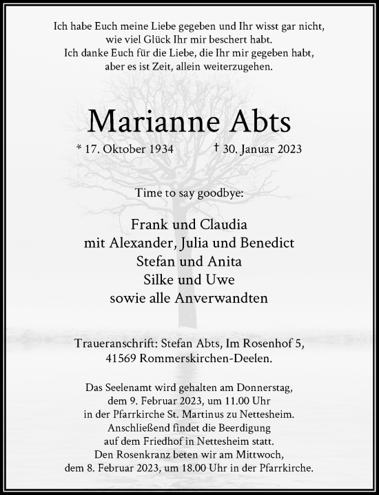 Traueranzeige von Marianne Abts von Rheinische Post
