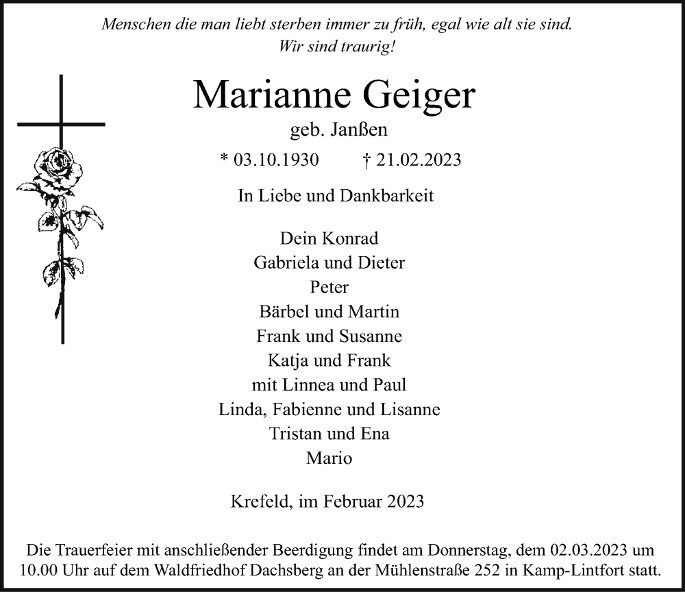  Traueranzeige für Marianne Geiger vom 27.02.2023 aus Rheinische Post