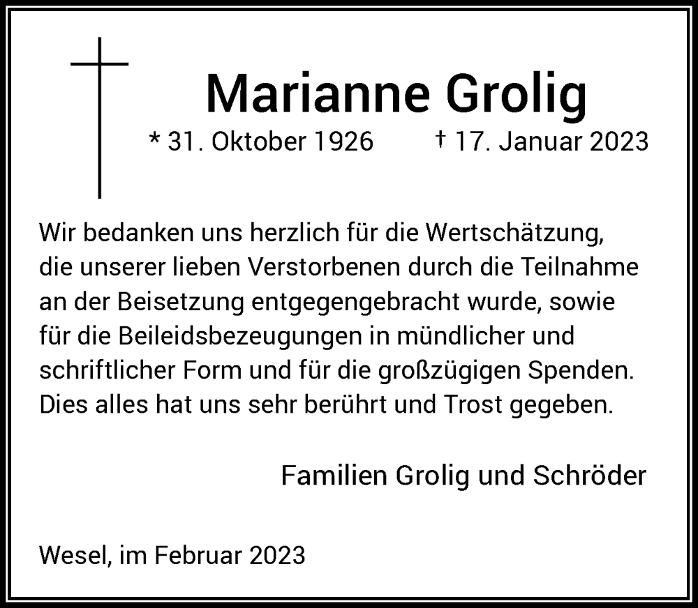  Traueranzeige für Marianne Grolig vom 25.02.2023 aus Rheinische Post