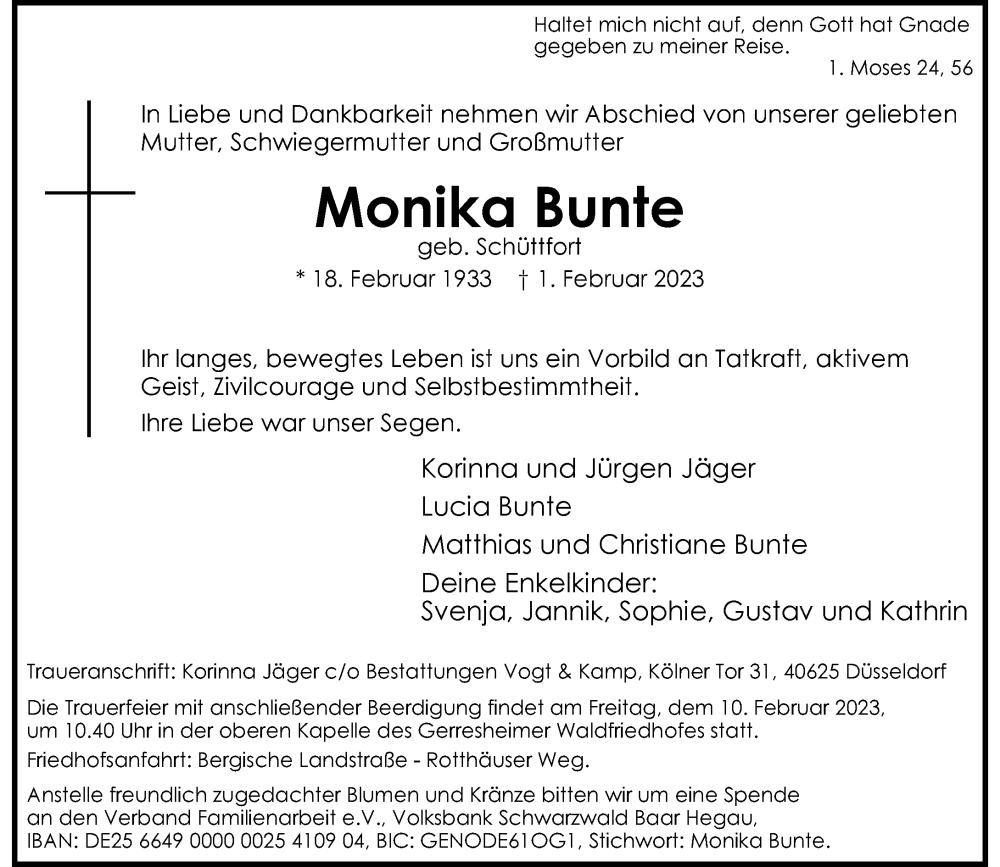  Traueranzeige für Monika Bunte vom 04.02.2023 aus Rheinische Post