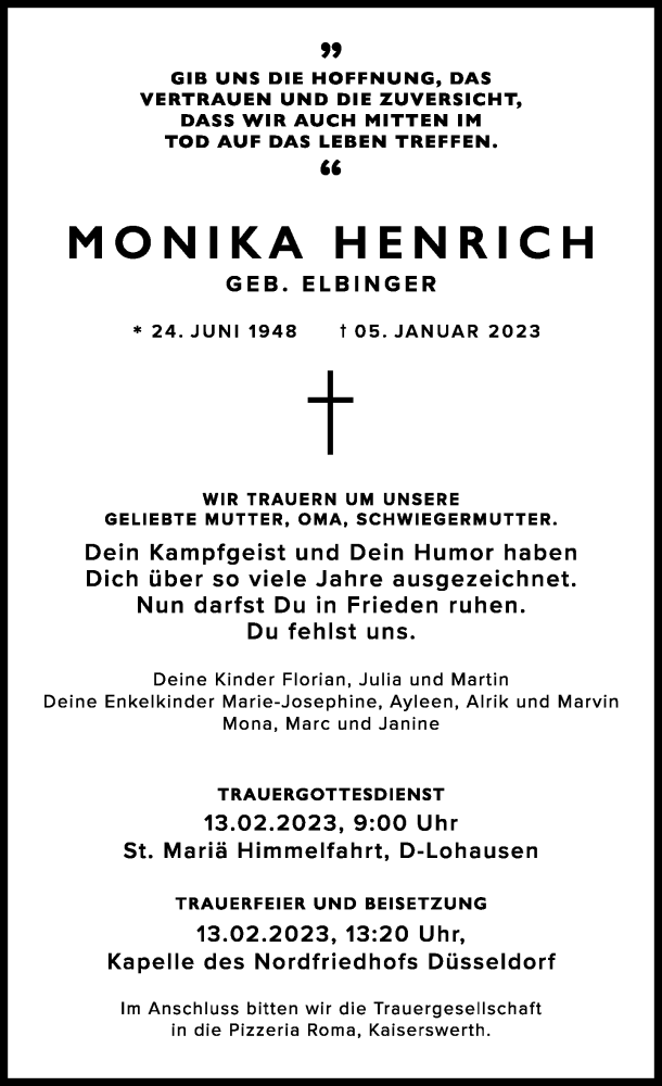  Traueranzeige für Monika Henrich vom 04.02.2023 aus Rheinische Post