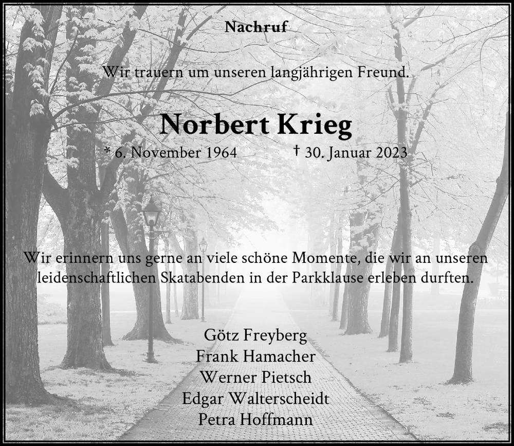  Traueranzeige für Norbert Krieg vom 25.02.2023 aus Rheinische Post