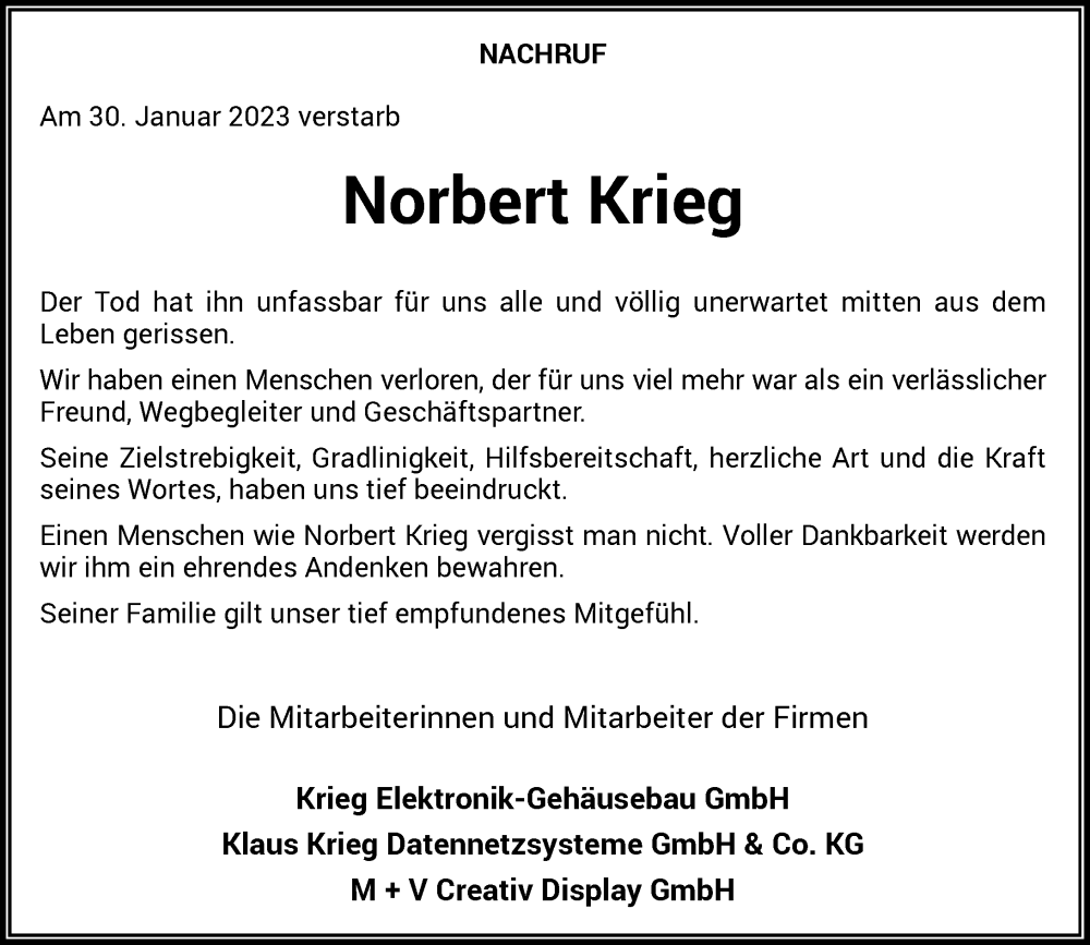  Traueranzeige für Norbert Krieg vom 11.02.2023 aus Rheinische Post