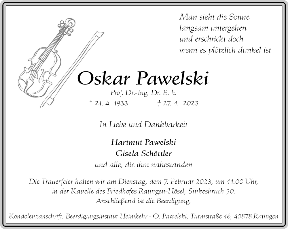  Traueranzeige für Oskar Pawelski vom 04.02.2023 aus Rheinische Post
