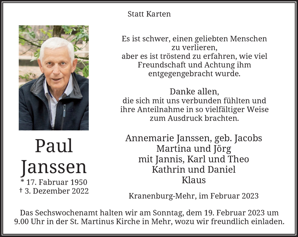 Traueranzeige für Paul Janssen vom 11.02.2023 aus Rheinische Post