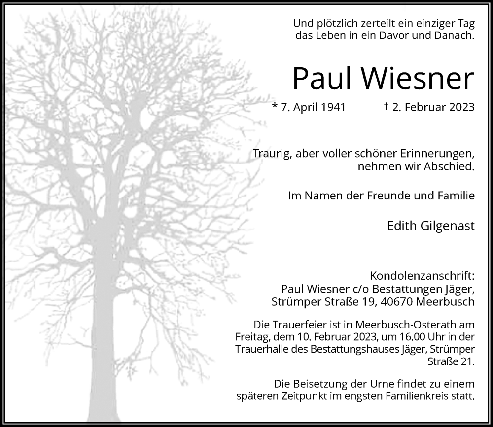  Traueranzeige für Paul Wiesner vom 08.02.2023 aus Rheinische Post