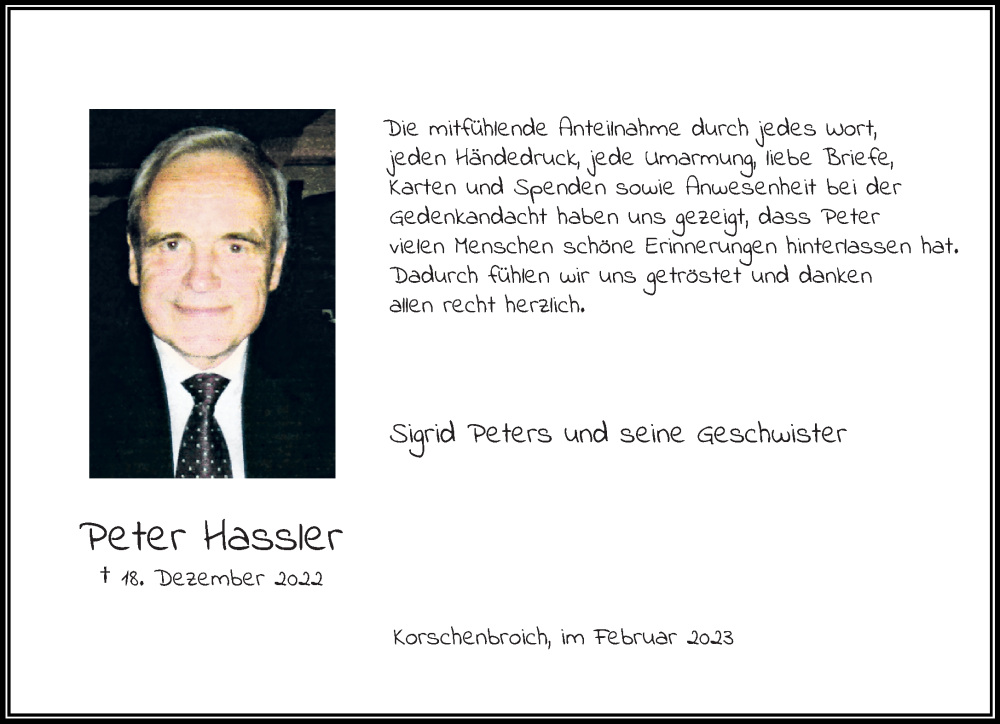  Traueranzeige für Peter Hassler vom 11.02.2023 aus Rheinische Post