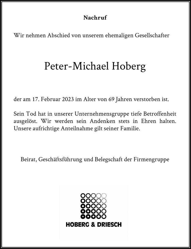 Traueranzeige für Peter-Michael Hoberg vom 25.02.2023 aus Rheinische Post