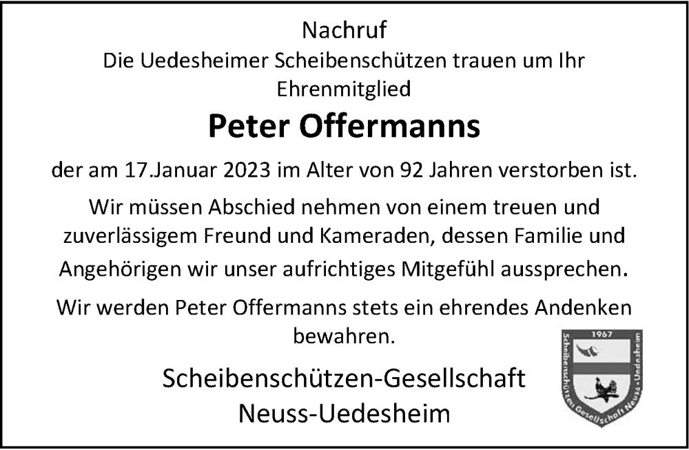  Traueranzeige für Peter Offermanns vom 04.02.2023 aus Rheinische Post