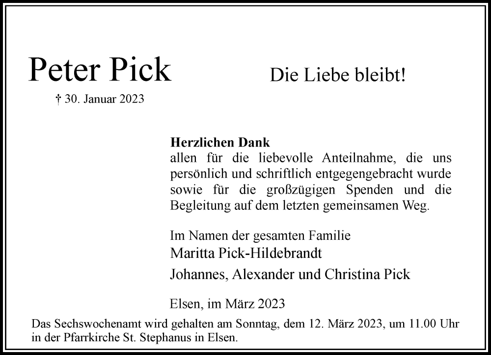  Traueranzeige für Peter Pick vom 04.03.2023 aus Rheinische Post