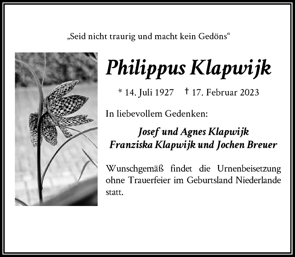  Traueranzeige für Philippus Klapwijk vom 25.02.2023 aus Rheinische Post