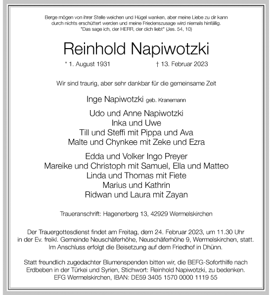 Traueranzeige von Reinhold Napiwotzki von Rheinische Post