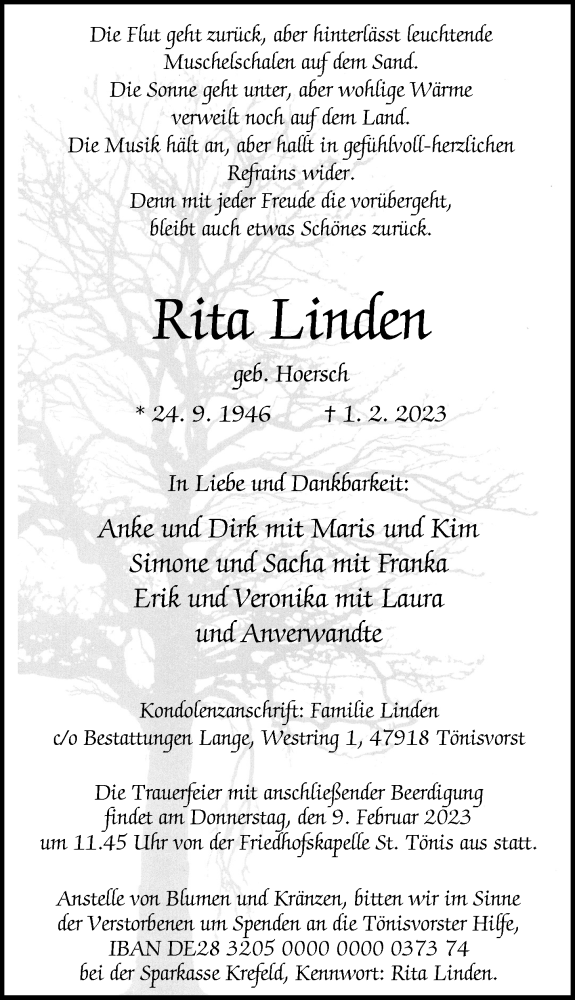  Traueranzeige für Rita Linden vom 04.02.2023 aus Rheinische Post