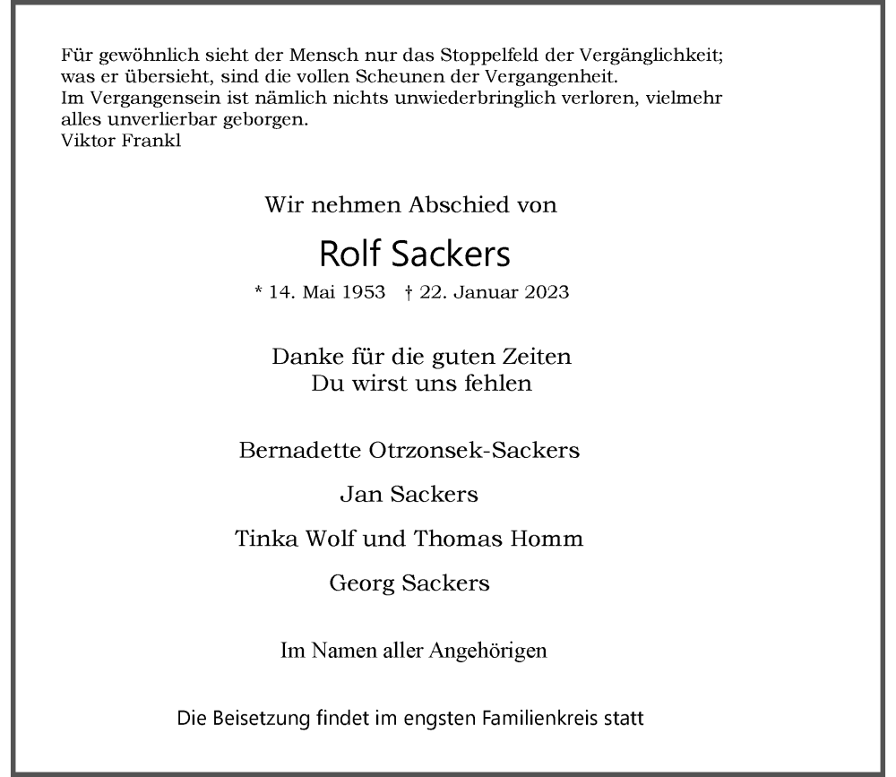  Traueranzeige für Rolf Sackers vom 04.02.2023 aus Rheinische Post