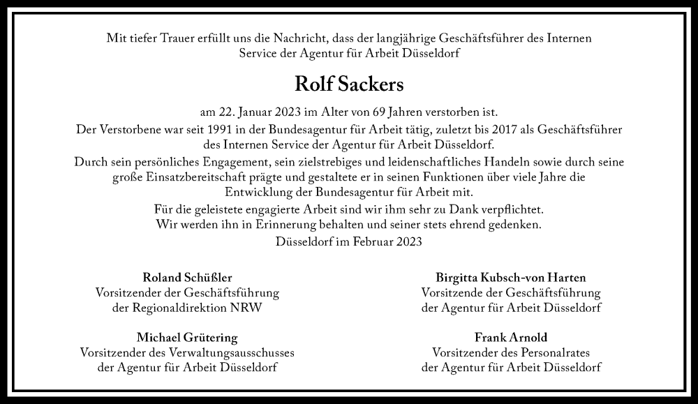  Traueranzeige für Rolf Sackers vom 11.02.2023 aus Rheinische Post