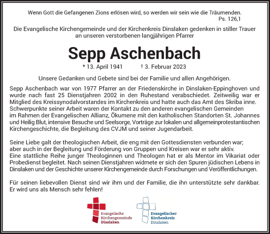 Traueranzeige von Sepp Aschenbach von Rheinische Post