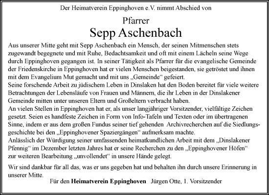 Traueranzeige von Sepp Aschenbach von Rheinische Post