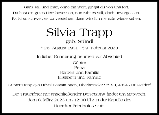 Traueranzeige von Silvia Trapp von Rheinische Post