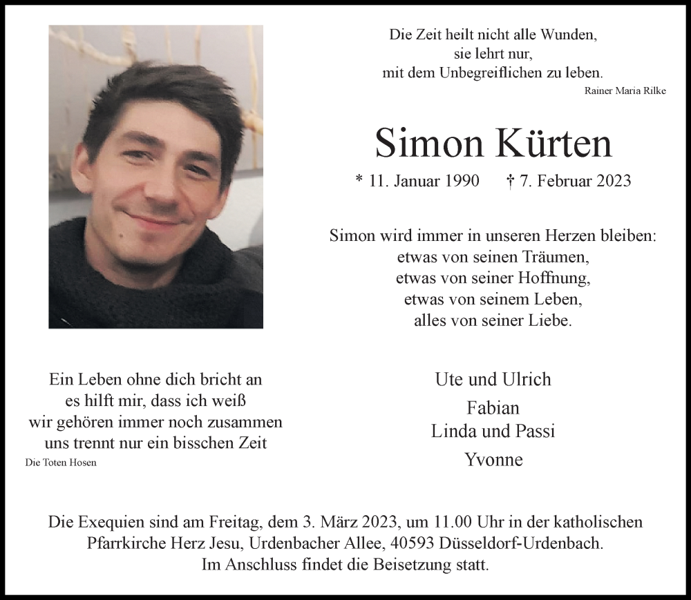  Traueranzeige für Simon Kürten vom 25.02.2023 aus Rheinische Post