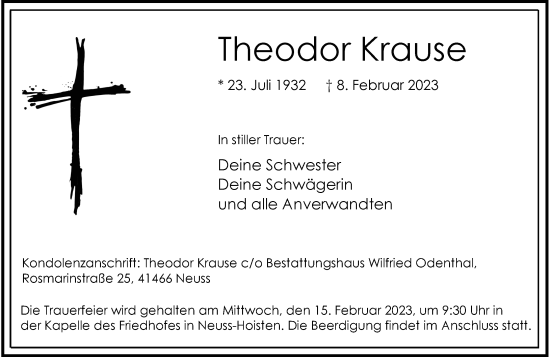 Traueranzeige von Theodor Krause von Rheinische Post