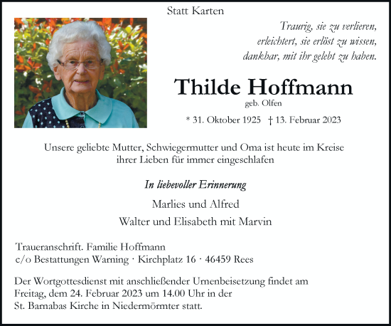 Traueranzeige von Thilde Hoffmann von Rheinische Post