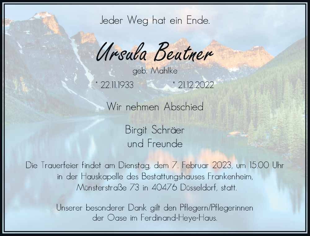  Traueranzeige für Ursula Beutner vom 04.02.2023 aus Rheinische Post
