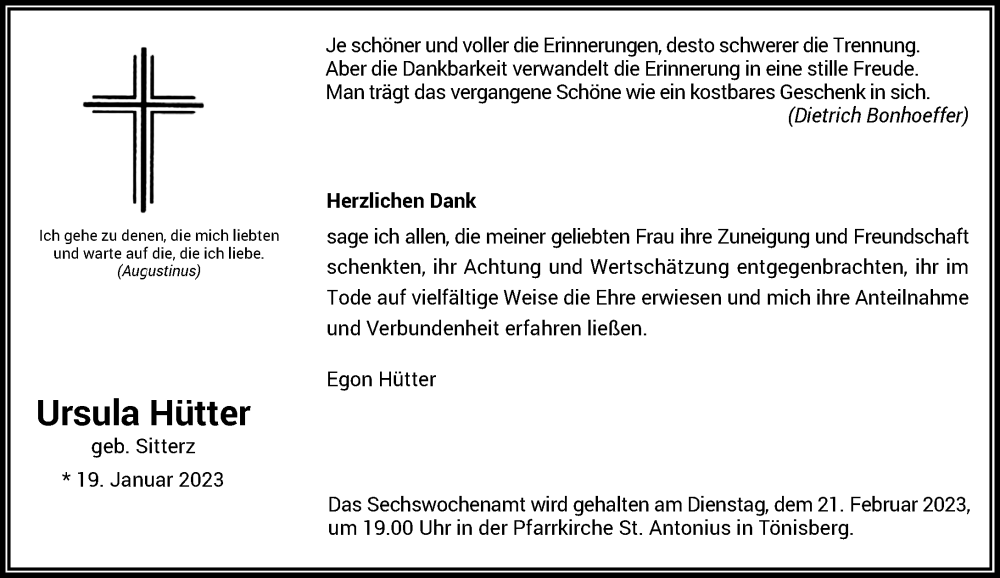  Traueranzeige für Ursula Hütter vom 18.02.2023 aus Rheinische Post