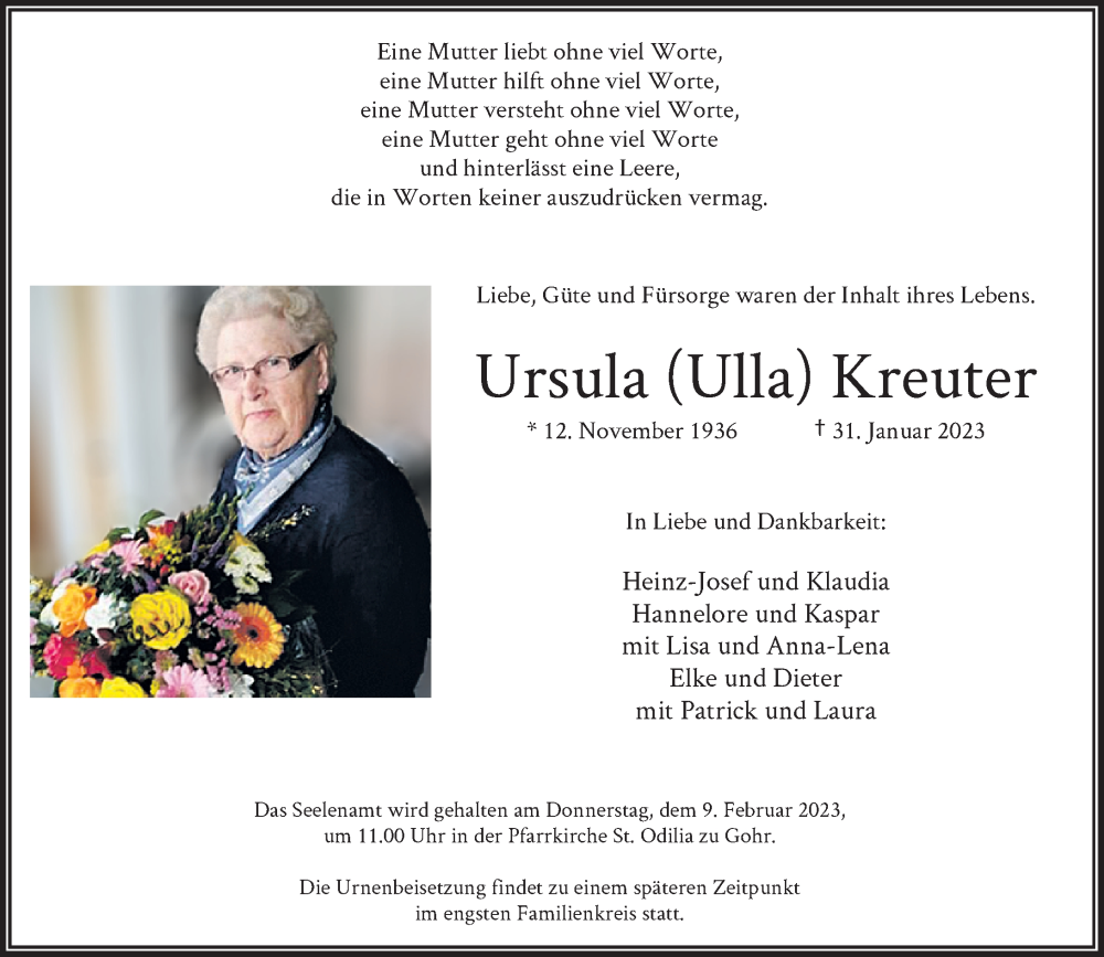  Traueranzeige für Ursula  Kreuter vom 04.02.2023 aus Rheinische Post