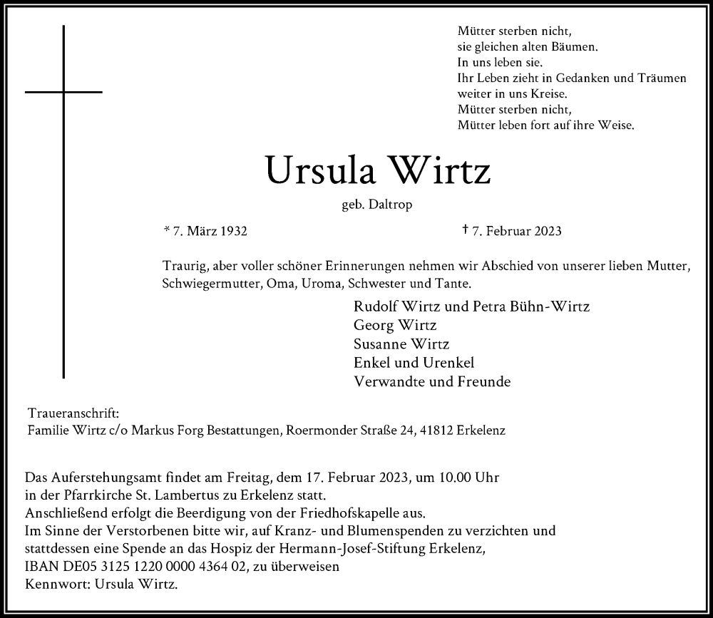  Traueranzeige für Ursula Wirtz vom 11.02.2023 aus Rheinische Post