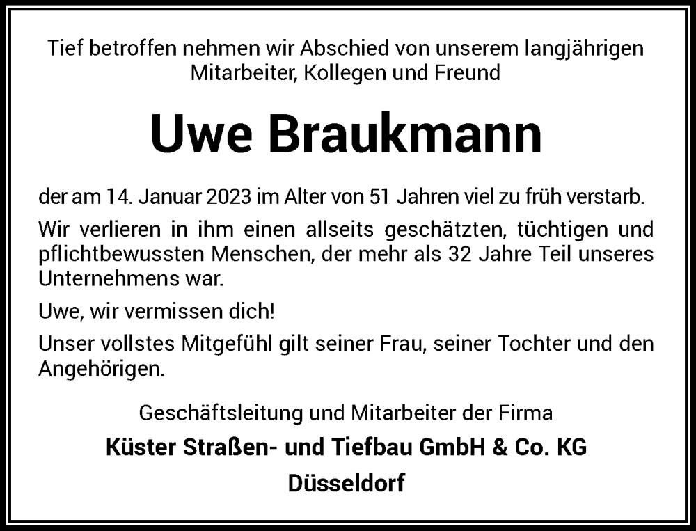  Traueranzeige für Uwe Braukmann vom 04.02.2023 aus Rheinische Post