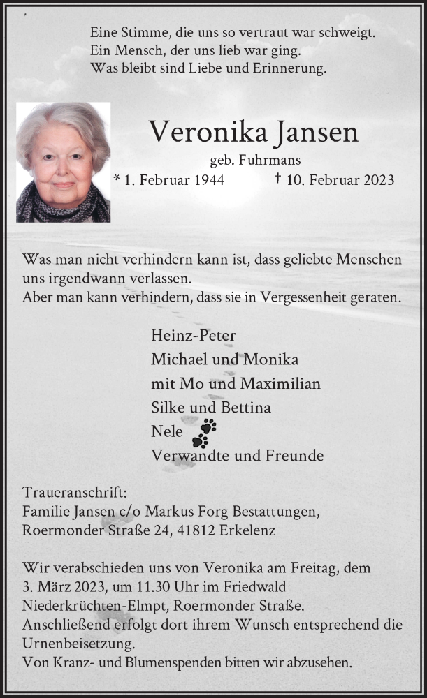  Traueranzeige für Veronika Jansen vom 18.02.2023 aus Rheinische Post