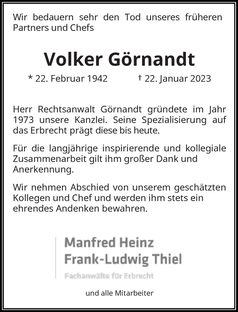 Traueranzeige für Volker Görnandt vom 04.02.2023 aus Rheinische Post