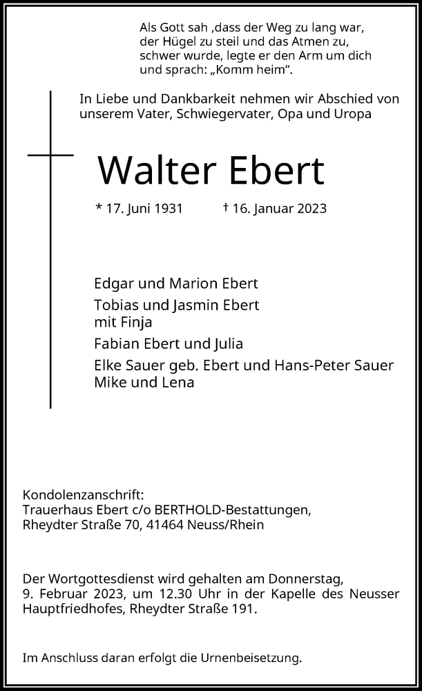  Traueranzeige für Walter Ebert vom 01.02.2023 aus Rheinische Post