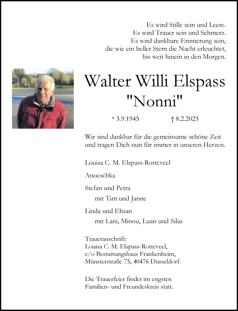  Traueranzeige für Walter Willi Elspass vom 15.02.2023 aus Rheinische Post