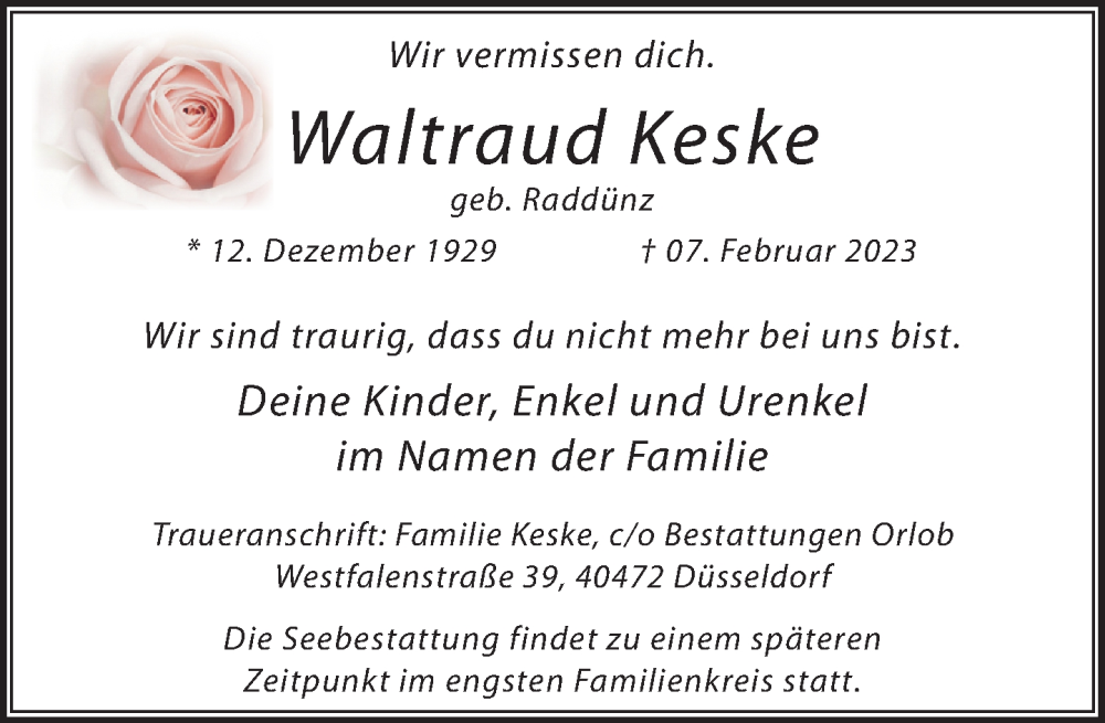  Traueranzeige für Waltraud Keske vom 11.02.2023 aus Rheinische Post