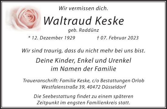 Traueranzeige von Waltraud Keske von Rheinische Post