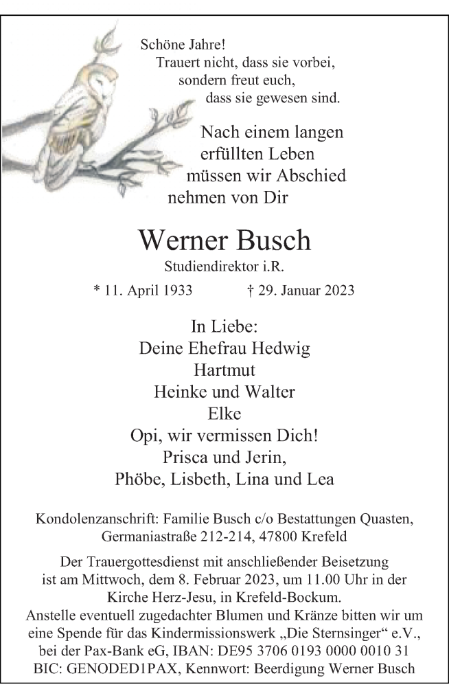  Traueranzeige für Werner Busch vom 04.02.2023 aus Rheinische Post
