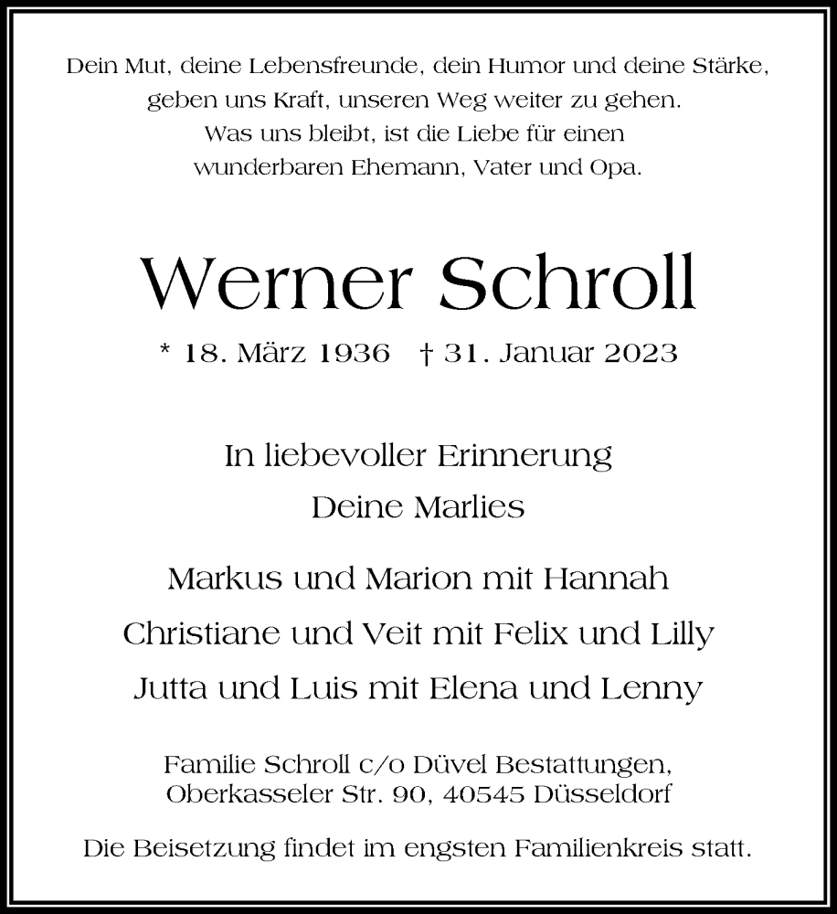  Traueranzeige für Werner Schroll vom 04.02.2023 aus Rheinische Post