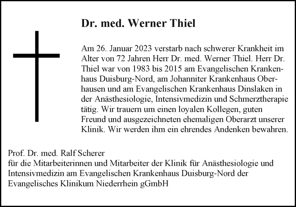  Traueranzeige für Werner Thiel vom 01.02.2023 aus Rheinische Post